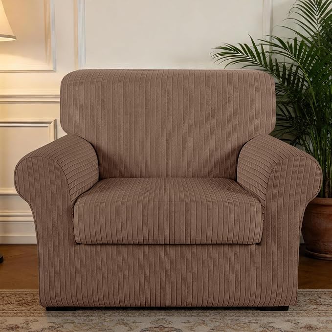Armchair Cover Stretching Skid Resistance Couch Cover for Pets Washable, Thick and Durable Soft High Spandex Striped Pattern Sofa Covers, Form Fitted Chair Slipcover(Armchair, Brown) - Image 7
