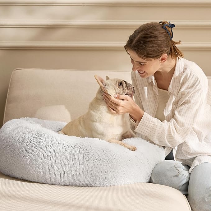 Bedsure Calming Small Dog Bed Donut Washable Cat&Puppy Bed,23 inches | Fluffy Faux Fur Round Cuddler,Anti-Slip Bottom,Anti-Anxiety,Deep Sleeping for Large Cat & Pets Up to 25 Lbs,Frost Grey - Image 8
