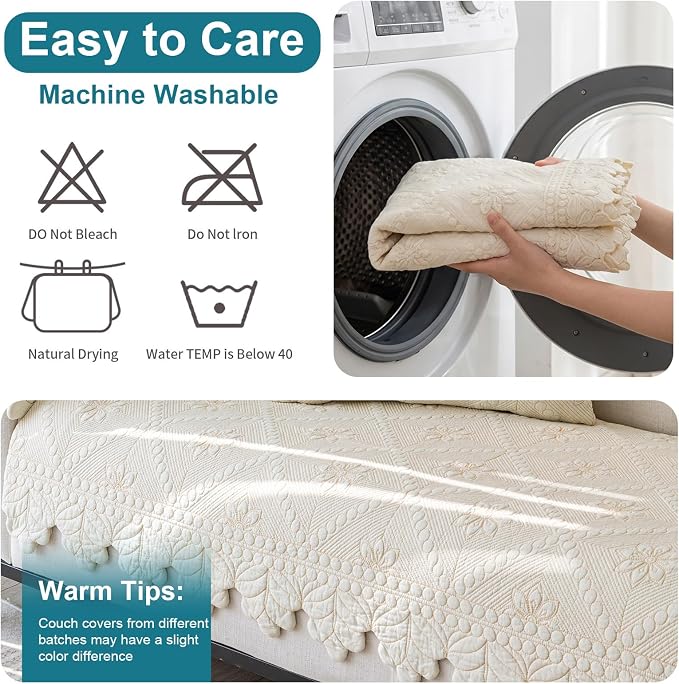 KRFOONN Cotton Quilted Dog Couch Cover for Sofa (Beige, 35.4" x 70.9") | Farmhouse Embroidery Sectional Couch Cover Washable, Soft Non Slip Sofa Slipcover Cushion Furniture Protector for Kids, Pets - Image 7