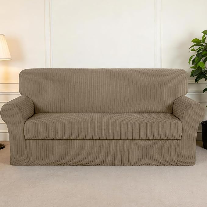 Sofa Cover Stretching Skid Resistance Couch Cover for Pets Washable, Thick and Durable Soft High Spandex Striped Pattern Sofa Covers, Form Fitted Sofa Slipcover(Sofa, Khaki) - Image 7