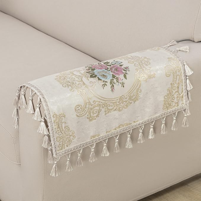 Loom and Mill Luxury Jacquard Sofa Arm Covers 2 PCS, Pearly Beige, 14x14in | Elegant Floral Couch Armrest Cover with Tassels, Non-Slip Furniture Protector for Chair Sofa Recliners Couch Dogs Pets - Image 7