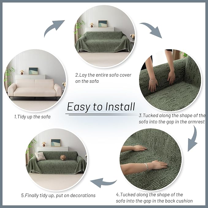 MYSKY HOME Couch Covers for 2 Cushion Couch Sectional Sofa, L Shape Sofa Protector Moss Green Chenille Couch Cover, Sofa Covers Washable Blanket with Tassel Pet Couch Cushion Cover, 71"X102" - Image 7