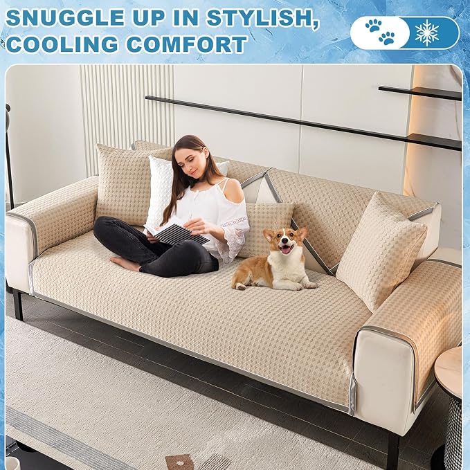 OTOB Cooling Couch Cover for Dogs Washable Non Slip Sofa Protector, 1 Piece | Serene Khaki, 35.4"x70.9", Premium Ice Silk Fabric, Modern Geometric, Soft, 3D Breathable, Pet Friendly Furniture Cover - Image 9