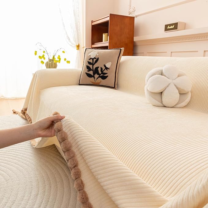Beige Boho Striped Couch Cover for Sectional, Soft Chenille Jacquard Sofa Cover for 2 Cushion Couch with Pom Pom Edge, Pets Sofa Protector for Loveseat Washable, Sofa Slipcover for L Shaped-71X118IN - Image 8