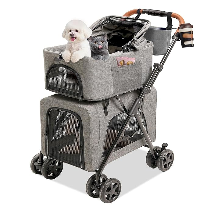 Double Pet Stroller with Detachable Carriers, Dog Stroller for Medium Dogs 20 lb, Foldable Dog Stroller for 2 Dogs,Easy Assembly Cat Stroller for 2 Cats with Cup Holder and Storage Bag for All-Terrain