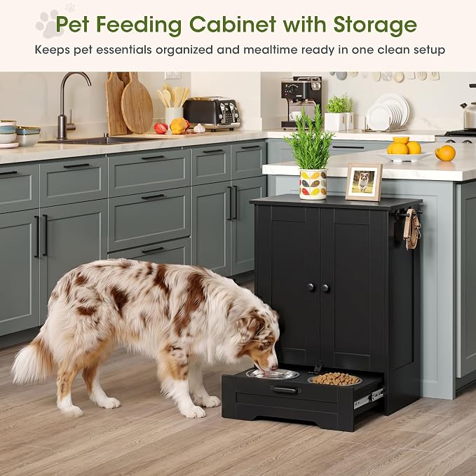 Dog Feeding Station with Storage Cabinet, Black Wood Dog Cabinet with 2 Elevated Stainless Steel Bowls, Hidden Pull-Out Feeder Drawer, Pet Feeding Station for Kitchen and Living Room - Image 7