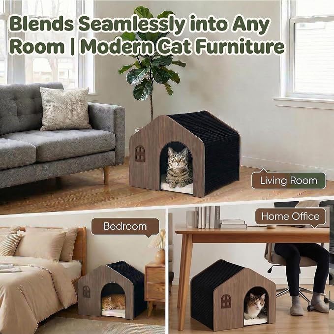 Wooden Cat House for Indoor Cats - Plush Corduroy Semi Enclosed Cat Condo, Dual Sided All Season Washable Cat Bed, Sturdy Modern Cat Furniture for Small & Medium Cats Up to 20lb/9kg - Image 7