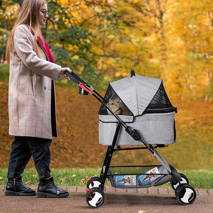 Pet Stroller 4 Wheels Dog Cat Stroller for Small Medium Dog Cats Carrier Jogger Travel Foldable Puppy with Detachable Carrier