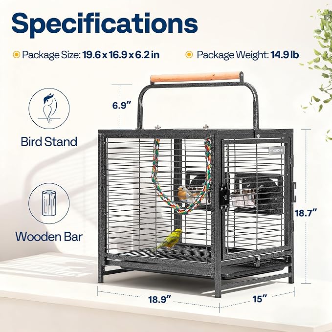 VIVOHOME 19 Inch Wrought Iron Travel Bird Cage for Cockatiel Parakeets | Bird Travel Carrier Cage with Wooden Handle/Perch, Slide-out Tray for Small Parrots Conures Lovebirds Canaries Finches, Black - Image 7