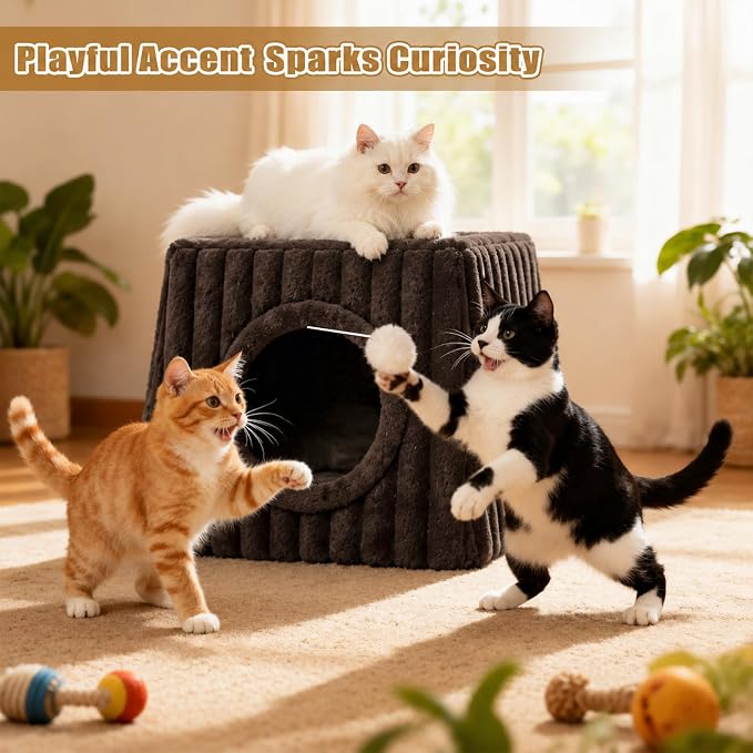 Dogpals Indoor Cat House - Large Cat Cave Bed with Fluffy Balls, Foldable Cat Bed Cave and Apartment with Pads, Suitable for Multiple Small and Large Cats, 18.5x15.4x15.4inches (Coffee, XL) - Image 9
