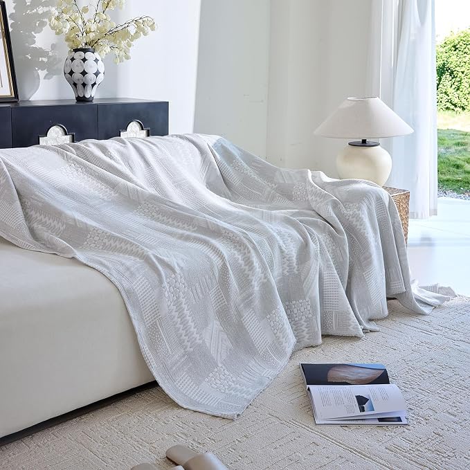 DREAMINGO Vintage Patchwork 3-Layer Gauze Geometric Jacquard Sofa Cover, Farmhouse Couch Cover Blanket for 3 Seater, Living Room Washable Furniture Protector, Cream Grey, 91"x134" - Image 7