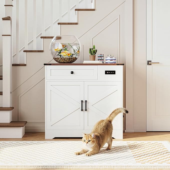 LIKIMIO 31.5" Cat Litter Box Enclosure with LED Odor Control | LED odor-control system under 30dB. Hinged cat entrance. Storage drawer. 31.5"L x 19.7"W x 31.3"H. - Image 9