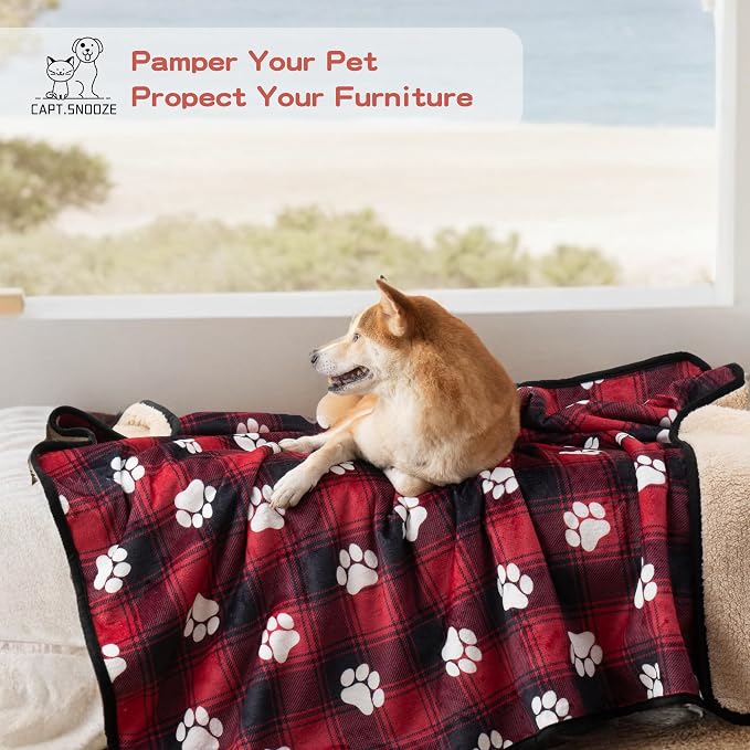 Waterproof Dog Blankets Pet Blanket 50"x60", Soft Fluffy Sofa Car Bed Protector, Reversible Sherpa Fleece Dog Blanket for Large Dogs Christmas Decor(Paw Red) - Image 6