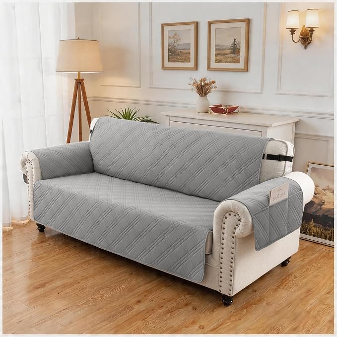 100% Waterproof Couch Cover for Dogs, Washable Anti-Slip Sofa Cover with Elastic Straps & Side Pockets, Quilted Furniture Protector for Kids & Pets (3 Cushion 68", Newgrey) - Image 8