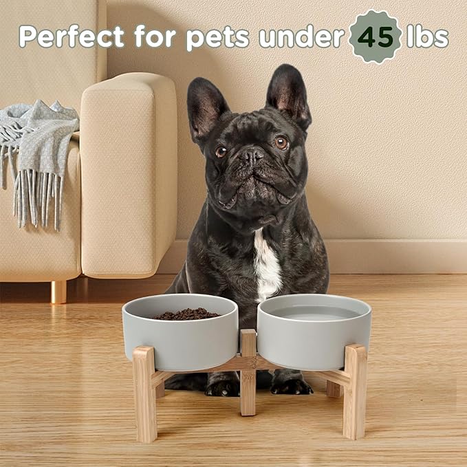 SPUNKYJUNKY Elevated Dog Bowls Ceramic, 6.1'' Dogs and Cat Food Water Bowls Raised with Non-Slip Bamboo Stand for Medium Sized Breed Microwave Dishwasher Safe - 28.7 OZ,Grey - Image 7
