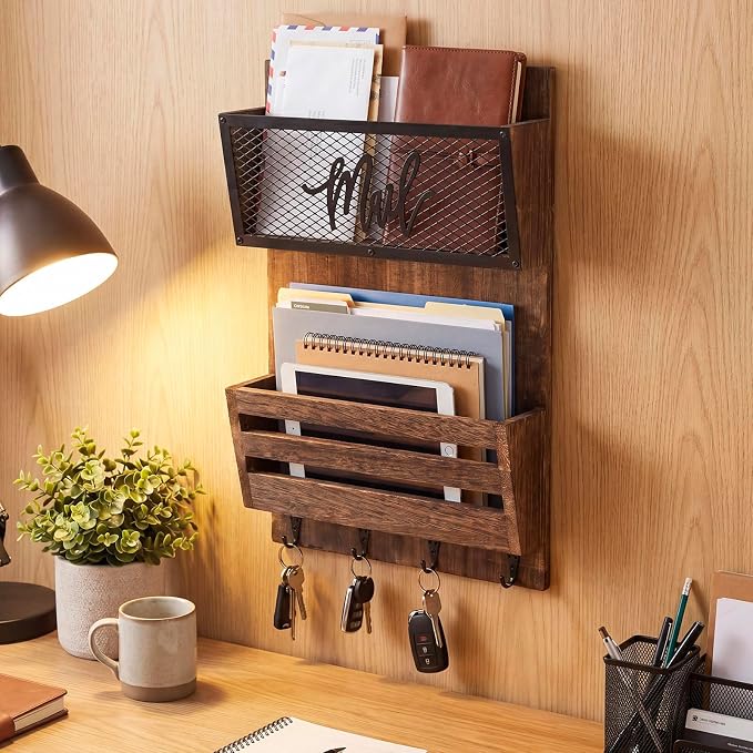 Yalikop Mail Organizer Wall Mount with Key Hooks, 2-Slot Wood Mail and Key Holder, Rustic Farmhouse Wall File for Entryway, Letter and Bill Sorter Organizer for Files, Keys and Magazines - Image 7