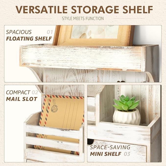 Rebee Vision Key Holder Wall Mount with Drawer for Home Decor, Whitewash | Pine Wood, Key Holder for Wall, 6 Rustic Hooks, Floating Shelf, Drawer Organizer, Mail Organizer, Chic Home Decor, Storage - Image 6