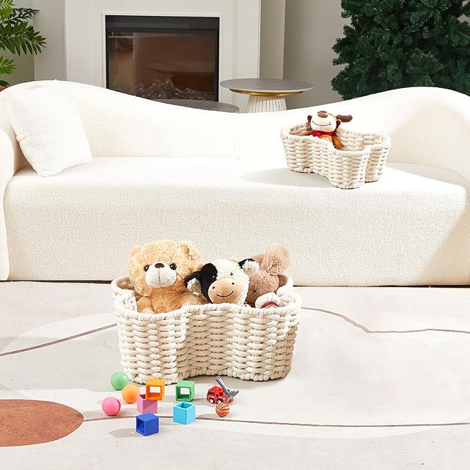 Barydat 2 Pcs Dog Toy Basket Dog Toy Bin Bone Shaped Handmade Pet Organizer for Pet White Cotton Rope Basket (16.5 x 12.4 x 6.89 and 13.39 x 9.25 x 5.4) - Image 6