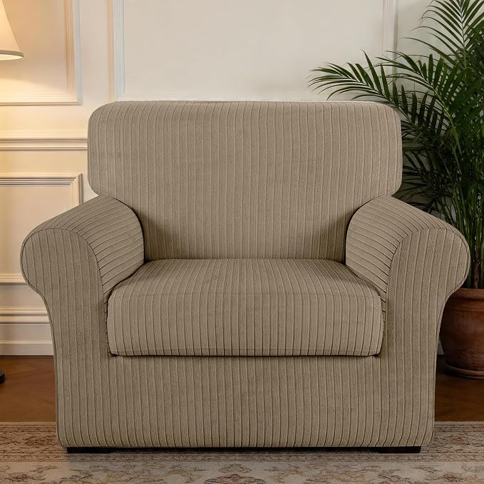 Armchair Cover Stretching Skid Resistance Couch Cover for Pets Washable, Thick and Durable Soft High Spandex Striped Pattern Sofa Covers, Form Fitted Chair Slipcover(Armchair, Khaki) - Image 7