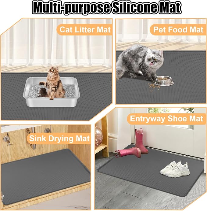 Silicone Cat Litter Mat 45" x 30" Cat Mat for Litter Box, Dark Grey | Extra Large Cat Litter Trapping Mat for Floor, Waterproof, Non-Slip Kitty Litter Box Mat with Raised Edge, Easy to Clean - Image 8