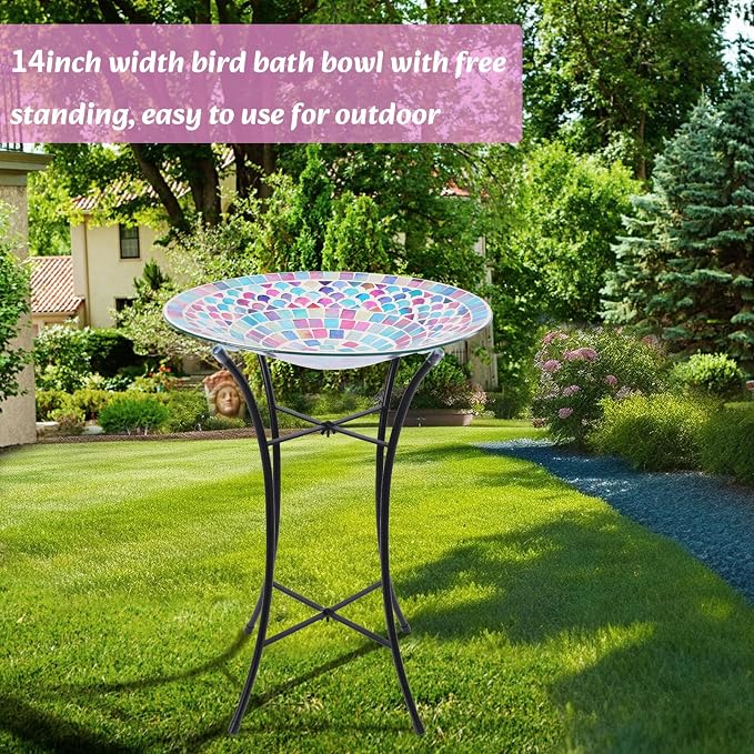 MUMTOP Mosaic Glass Bird Bath with Metal Stand for Garden Feeder Yard Decor | 14 Inch Width 19.68 Inch Height Outdoor Garden Bird Baths Bowl, Unique Glass Birdbaths Bird Feeder for Yard Decor - Image 7