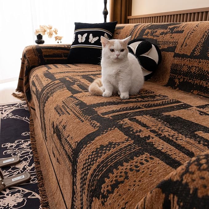 ROOMLIFE Dark Brown Couch Cover 3 Cushion Sofa, Washable Non Slip Furniture Sofa Protector Cover, Soft Chenille Sofa Slipcovers Sectional L Shape Dogs Couch Cover Throw Blanket with Tassels71''X118'' - Image 9