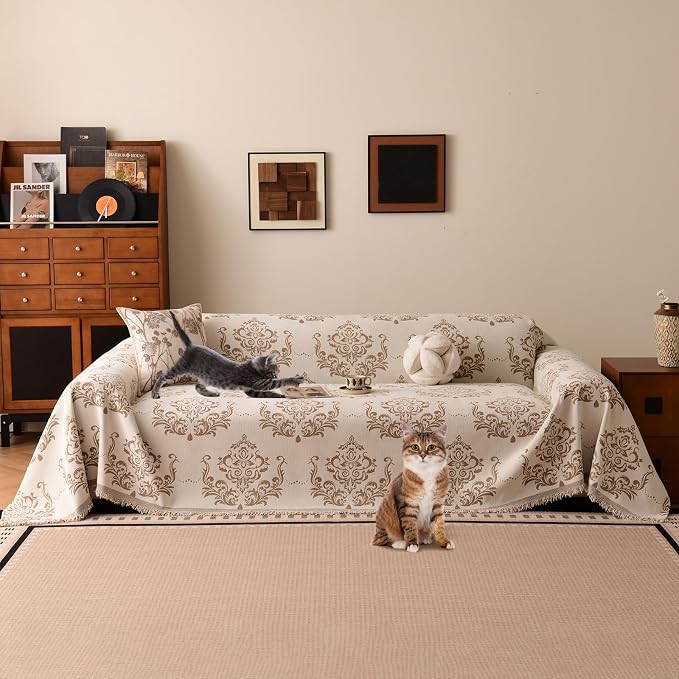 STACYPIK Vintage Floral Sofa Cover for Dogs, Versatile Couch Cover Blanket | Beige, Thick Chenille, Washable Jacquard Couch Protector for 3 Cushion Couch/Loveseat/Sectional Sofa, Pet Friendly-71"x134" - Image 9