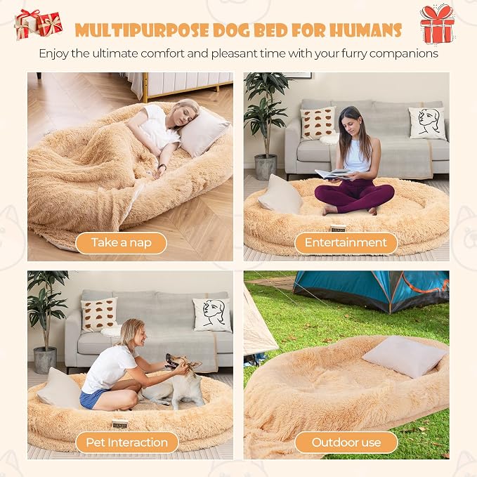 Giantex Human Dog Bed - 71" x 45" Large Human Size Dog Bed for Adult, Orthopedic Egg Crate Foam, Washable Faux Fur Bed Cover, Blanket, Pillow, for Pets and People Doze Off Napping (Brown) - Image 8