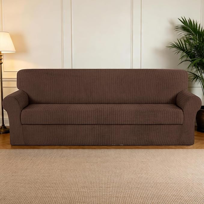 Oversized Sofa Cover Stretching Skid Resistance Couch Cover for Pets Washable, Thick and Durable Soft High Spandex Striped Pattern Sofa Covers (Oversized Sofa, Chocolate) - Image 7