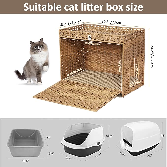 Cat Litter Box Enclosure with Door, Hidden Cat Washroom Furniture | Handwoven PP Wicker; Soft Litter Mat Included; Spacious Interior; Furniture-Style Design; Indoor Home Décor - Image 7