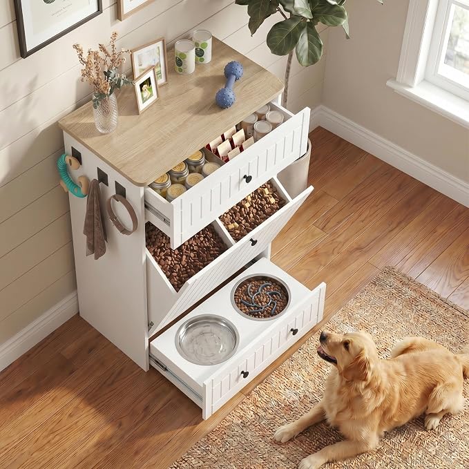 Dog Feeding Station Cabinet Elevated Bowls (White, Classic Panel) | Slow Feeder Insert, Large food bin, Removable Divider, 3 Side Hooks, Pull-Out Drawer, Easy to Clean for Small & Middle Dogs - Image 9