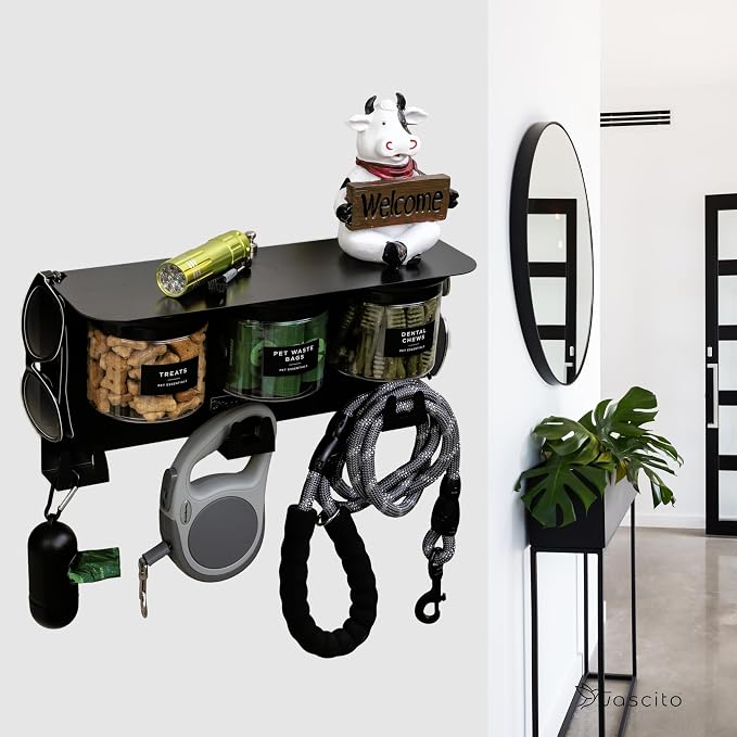 Dog Treat Holder For Wall Storage For Pets, Premium Pet Wall Organizer, Includes Three 16oz Airtight Dog Treat Jars, 3 Sets of Triple Hooks, Sturdy Shelf in Modern Black - Image 9