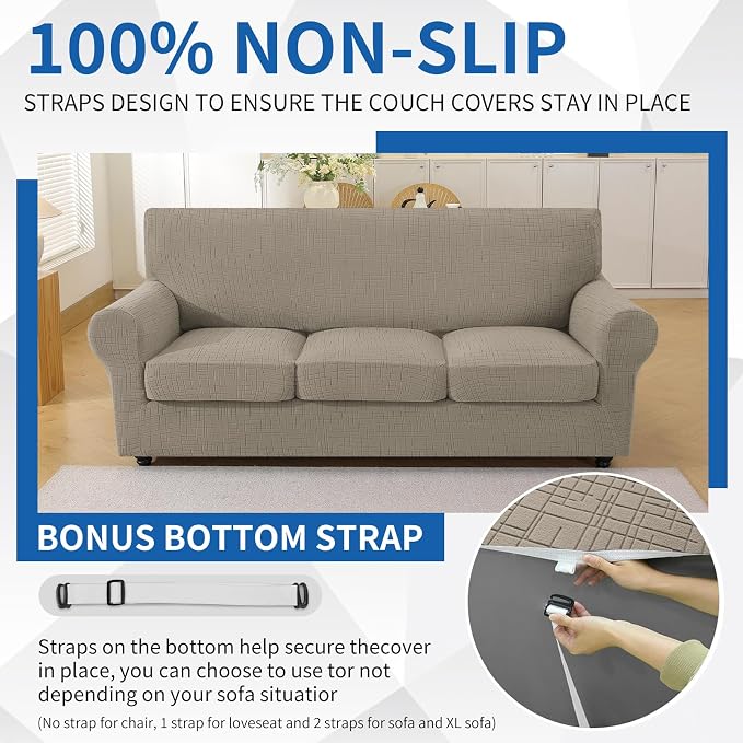 4 Piece Stretch Sofa Covers for 3 Cushion Couch, Non Slip Couch Covers for Sofa, Pet Couch Cover Washable, Couch Slipcover for Dogs, Kids (Khaki), 91"-110" (3 Cushion XL Sofa) - Image 7