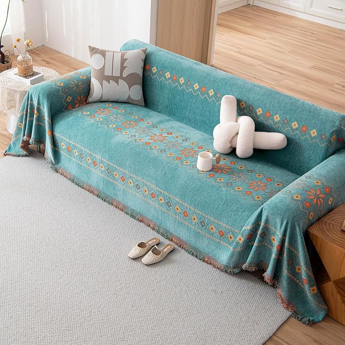 DREAMINGO Teal Boho Couch Cover Jacquard Chenille Sofa Covers Washable 3 Seater Sofa Protector for Pets Kids Modern Bohemain Sectional Couch Slipcovers for Living Room, 71"x150" - Image 8