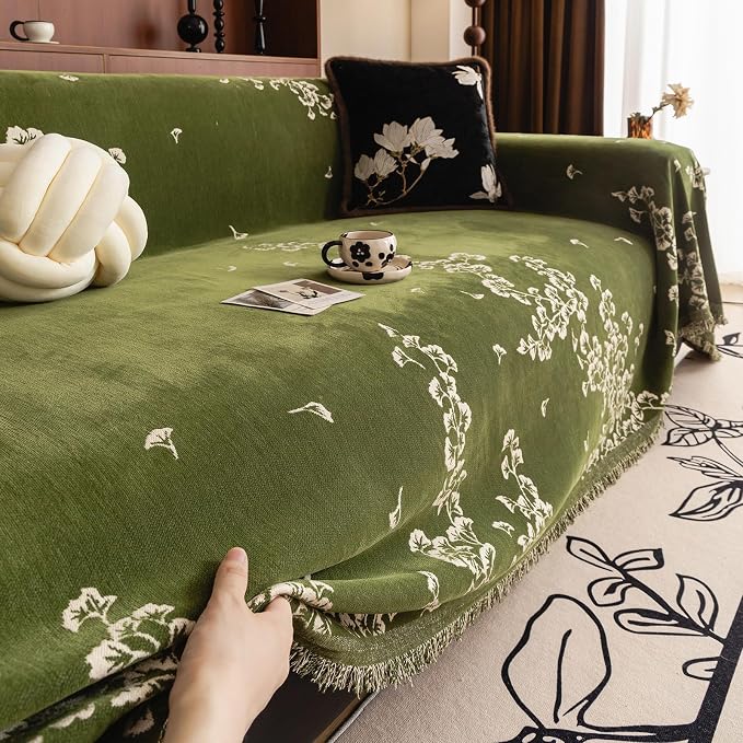 STACYPIK Vintage Chenille Green Sofa Covers Botanical Aesthetics Ginkgo Leaf Couch Cover for Sectional Pet Friendly Furniture Protector for 3 Cushion Couch Washable Boho Sofa Slipcovers-71X134IN - Image 9