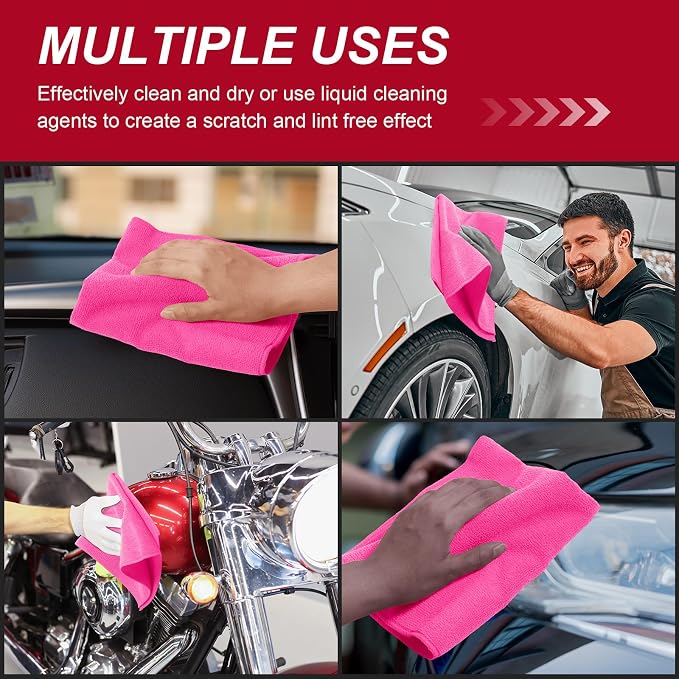 Oudain 200 Pcs Microfiber Cleaning Cloth 16x16 Inch Microfiber Towels for Car Ultra Absorbent Cleaning Rags Reusable Lint Free Streak Free Detailing Towel for Car Washing Drying Dusting (Pink) - Image 6