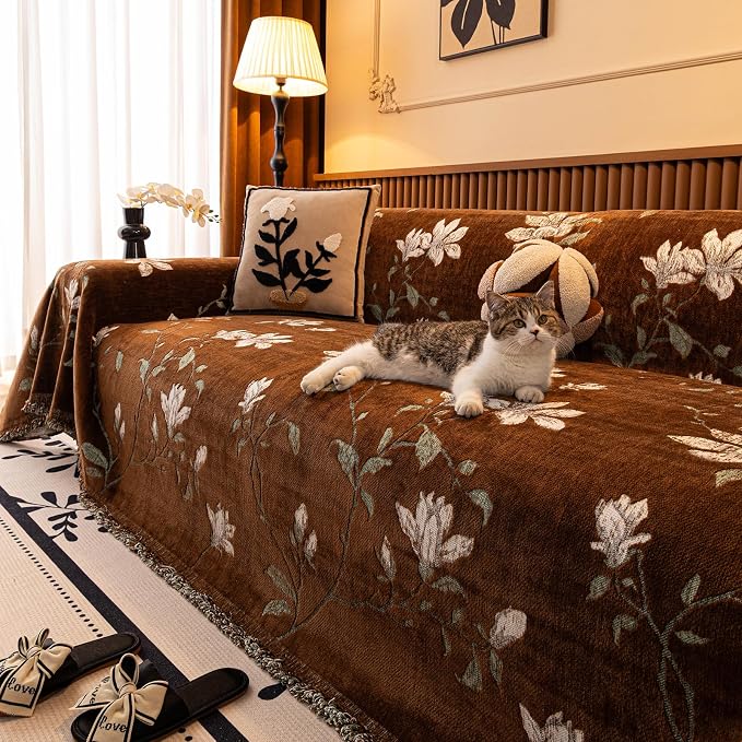 STACYPIK Vintage Floral Couch Cover for Dog, Farmhouse Garden Breathable Sofa Covers for 2 Cushion Couch Chenille Jacquard Brown Pet Protector Slipcovers for Sectional, L Shape Loveseat Cover-71X118IN - Image 9