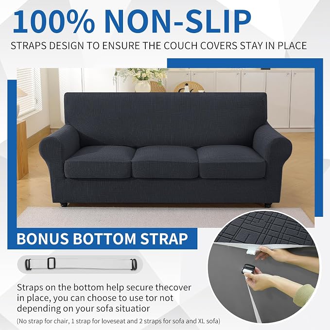 4 Piece Stretch Sofa Covers for 3 Cushion Couch, Non Slip Couch Covers for Sofa, Pet Couch Cover Washable, Couch Slipcover for Dogs, Kids (Charcoal Gray), 91"-110" (3 Cushion XL Sofa) - Image 7
