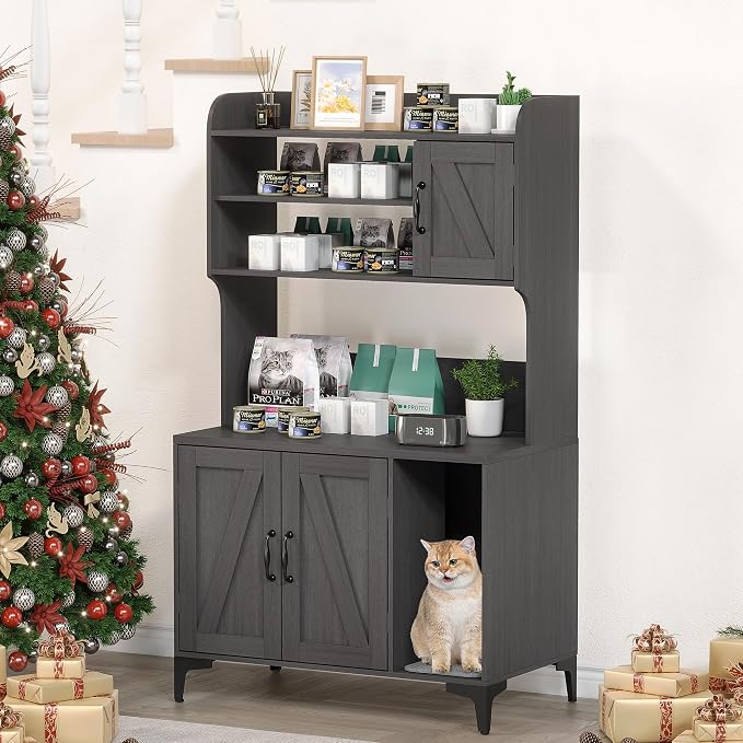 IDEALHOUSE Cat Litter Box Enclosure with Shelves and Doors,Wood Sturdy Hidden Litter Box Furniture,Indoor Cat House Furniture for Most of Litter Box,Litter Box Cabinet,Walnut Color - Image 9