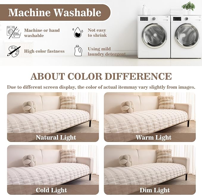MYSKY HOME 100% Waterproof Couch Cover for Dogs, Plush Pet Couch Covers for Sofa Washable, Couch Covers for 3 Cushion Sofa Pet Friendly, Non-Slip Durable Sofa Cover Slipcover Protector, Cream, 35"x83" - Image 9