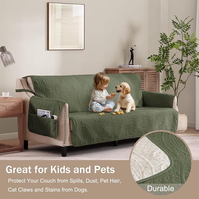 Olive Green Quilted Couch Cover with Pockets for Extra-Large Sofa, Anti-Slip Sofa Covers for Dogs Washable, Pet Friendly Oversized Sofa Cover Water-Repellent (X-Large Sofa 78", Olive Green) - Image 8