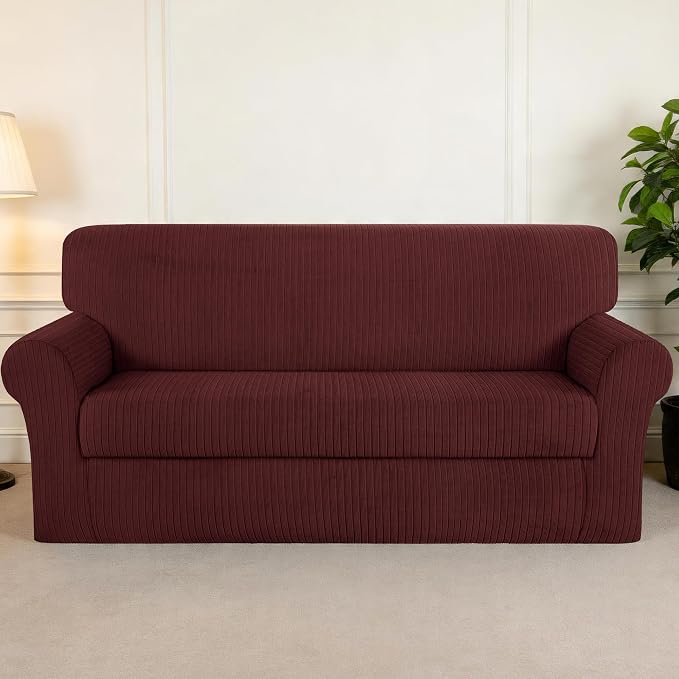 Sofa Cover Stretching Skid Resistance Couch Cover for Pets Washable, Thick and Durable Soft High Spandex Striped Pattern Sofa Covers, Form Fitted Sofa Slipcover(Sofa, Burgundy) - Image 7