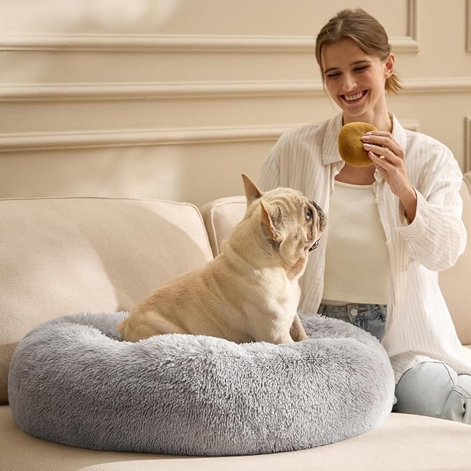 Bedsure Calming Dog Beds Large Sized Dog Donut Washable Pet Bed,36ins | Fluffy Faux Fur Round Cuddler,with Removable Washable Cover,Anti-Slip Bottom,Anti-Anxiety,for Pets Up to 80 Lbs Pale Grey - Image 8