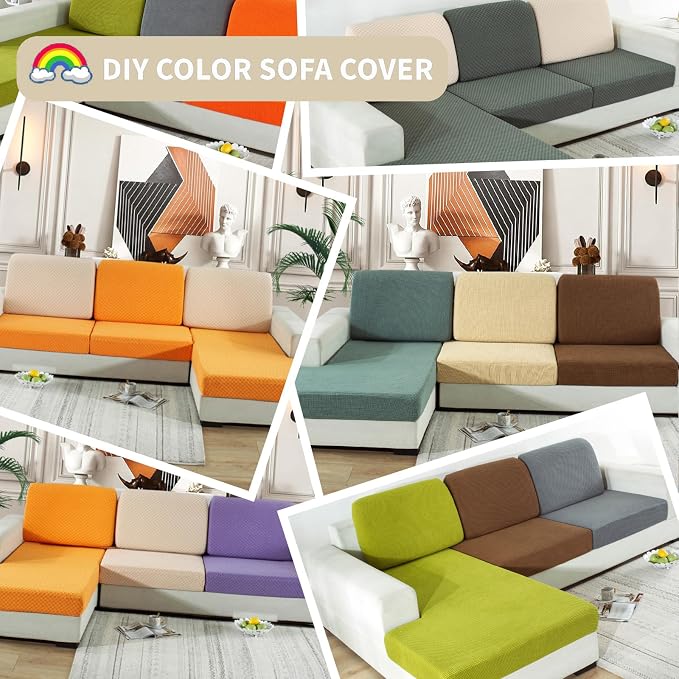 【Clearance】 Sectional Couch Covers for L Shaped Chaise Lounge 1 Piece Separate Cushion Couch Universal Replacement Large Checkered Furniture Protector with Elastic Bottom (Chaise Cover, Light Beige) - Image 7