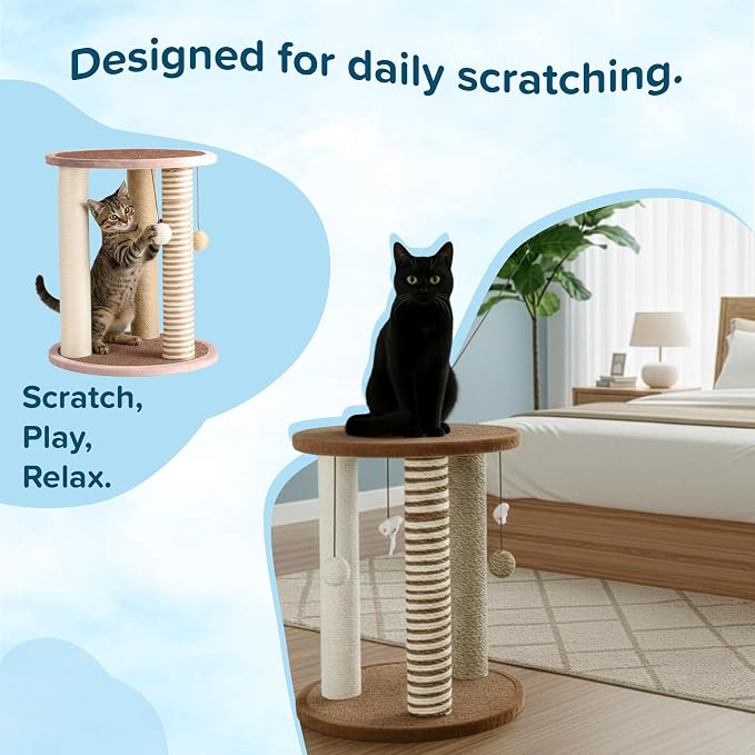 Cat Scratching Post - 3 Scratcher Posts with Carpeted Base Play Area and Perch - Furniture Scratching Deterrent for Indoor Cats by PETMAKER (Brown), Large - Image 8