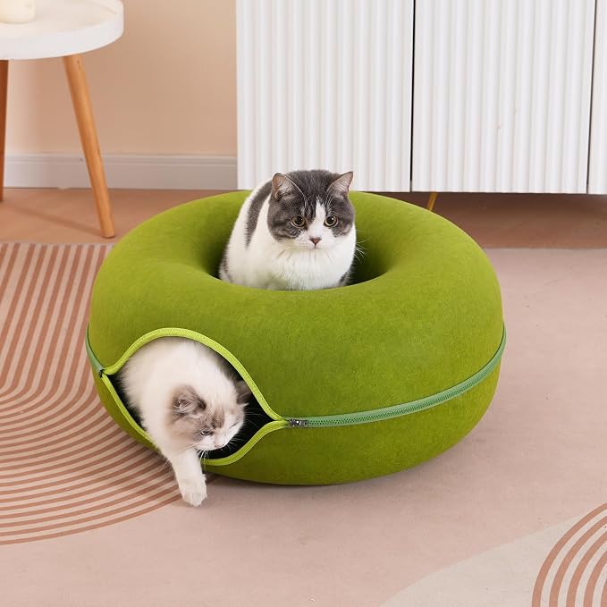 Large Cat Tunnel Bed for Indoor Cats with 3 Toys, Scratch Resistant Donut Cat Bed, Up to 30 Lbs (L 24x24x11, Green) - Image 6