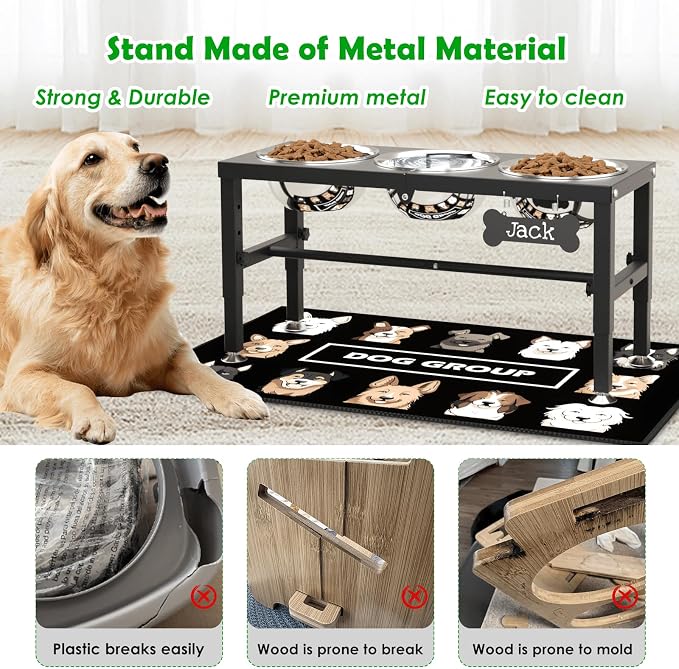 SHAINFUN Metal Elevated Dog Bowls Stand for Large Dogs with Mat & Three 58oz Food Water Bowls, Adjustable Height Raised Dog Bowl Stand - Image 6