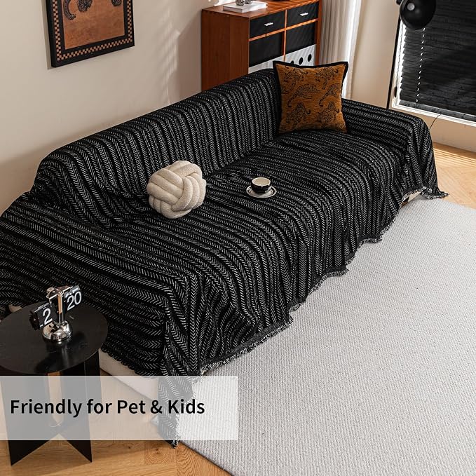 Sofa Covers for 3 Cushion Couch Seat, Loveseat Non Slip Couch Cover Chenille Strip Couch Throw Blankets with Tassels, Sectional Sofa Slipcovers Furniture Protector for Pets, Kids 71"x150", Black - Image 7