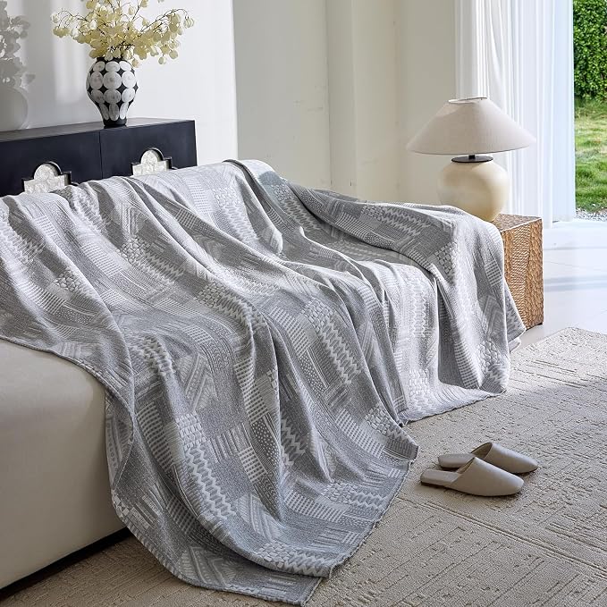 DREAMINGO Vintage Patchwork 3-Layer Gauze Geometric Jacquard Sofa Cover, Farmhouse Couch Cover Blanket for 3 Seater, Living Room Washable Furniture Protector, Light Grey, 91"x150" - Image 7