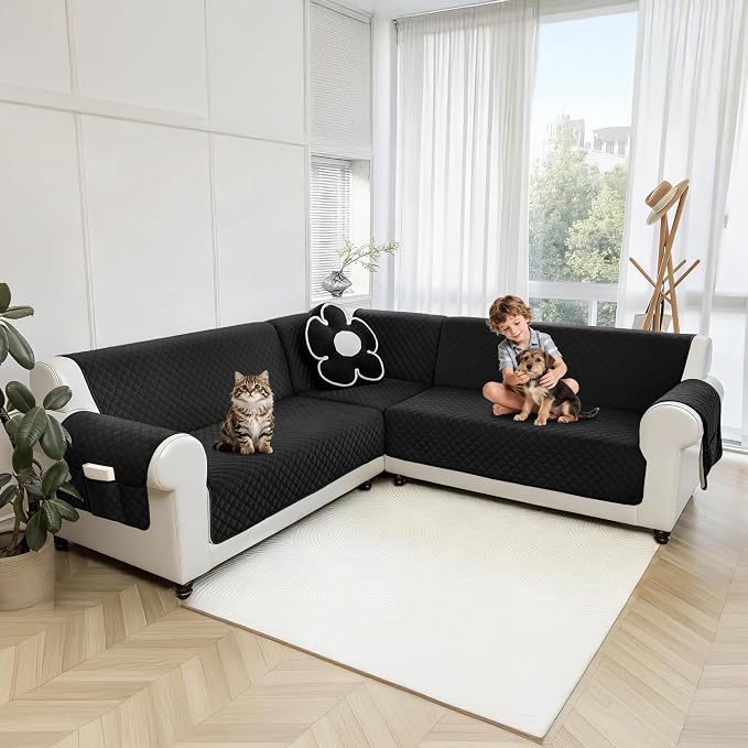 Sectional Couch Covers for Dogs 100% Waterproof Corner L Shaped Sofa Cover Pet Friendly Velvet Washable Anti Slip L Shape Modular Sofa Slipcover Protector with Pockets (Black, Large) - Image 9